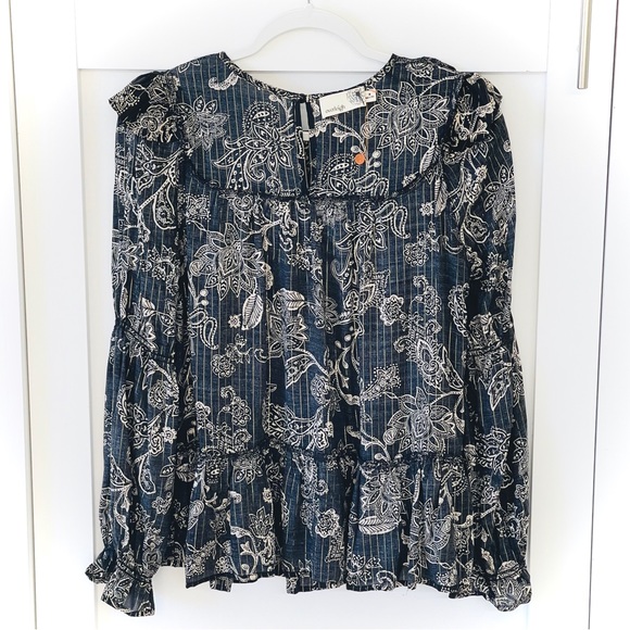 NEW Blouse Boho Tiered Ruffle Hem Swing Long Sleeves Crew Neck Elastic Cuffs - Picture 11 of 16